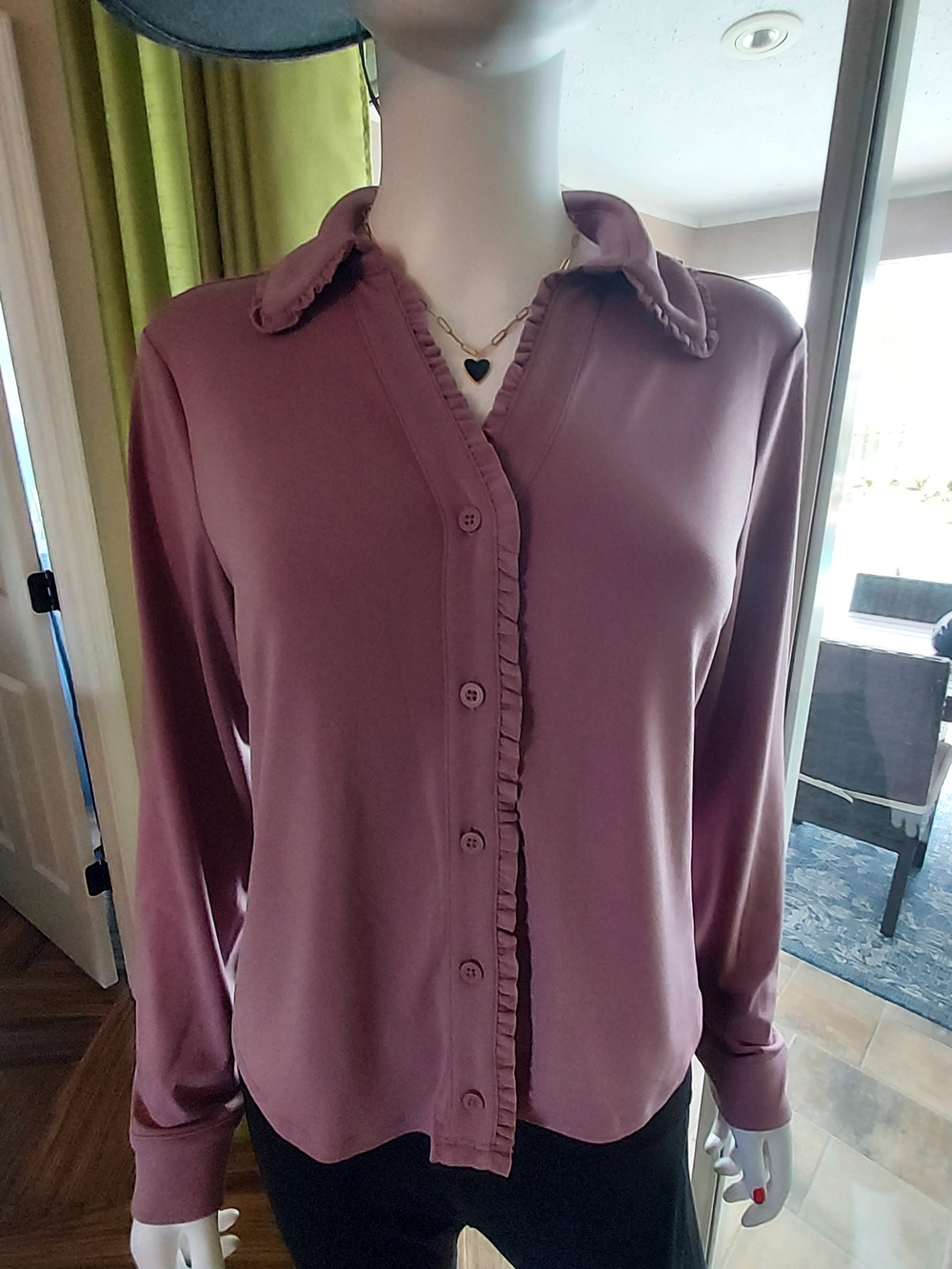 Adrianna Papell Mauve Ruffle-Trim Button Down Blouse: NWT